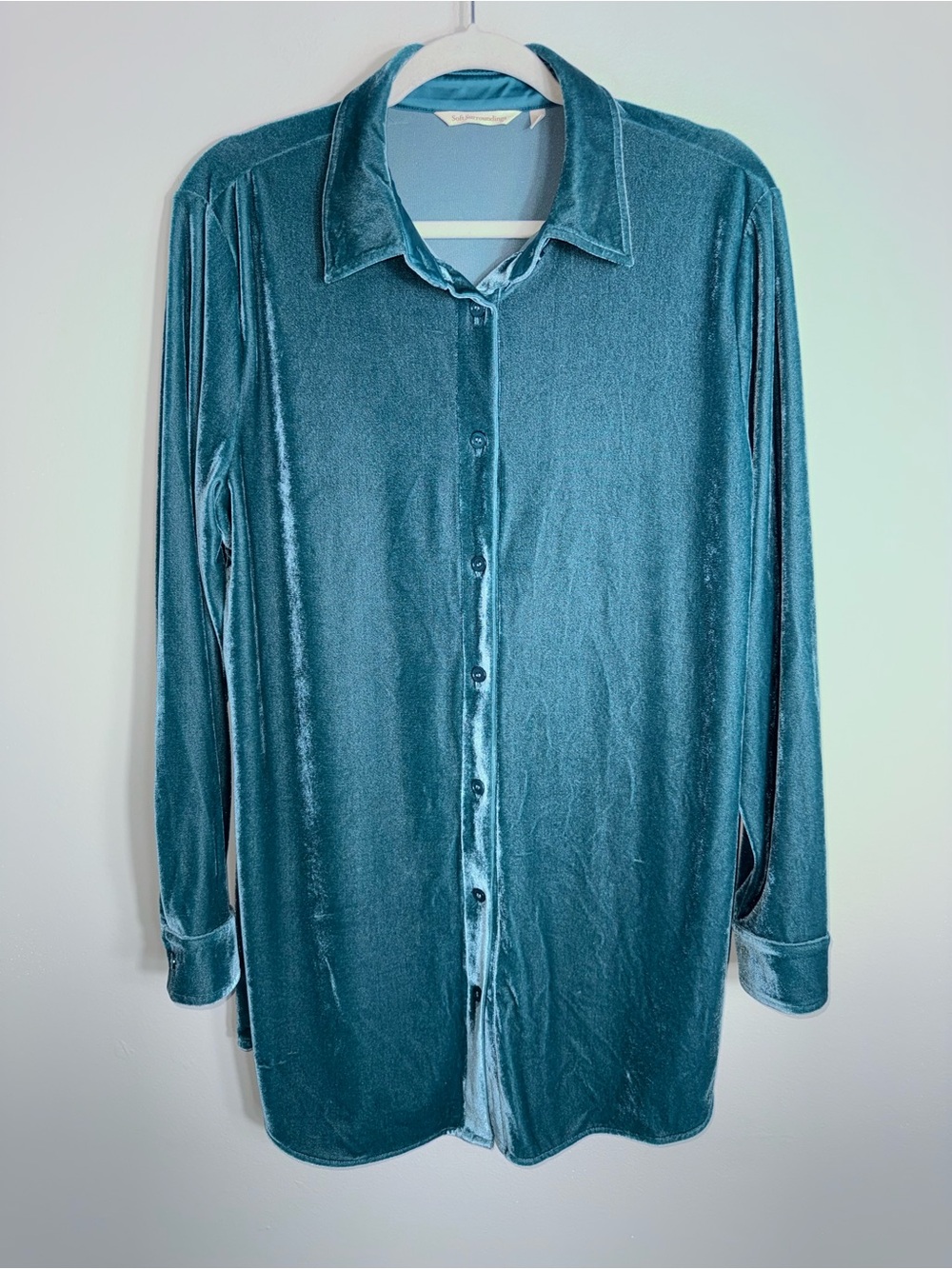 Soft Surroundings Velvet Button Front Tunic Blouse-Green-Long Sleeves-Medium